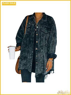 Women's Oversized Corduroy Jacket Retro Distressed Button Down Flap Pockets